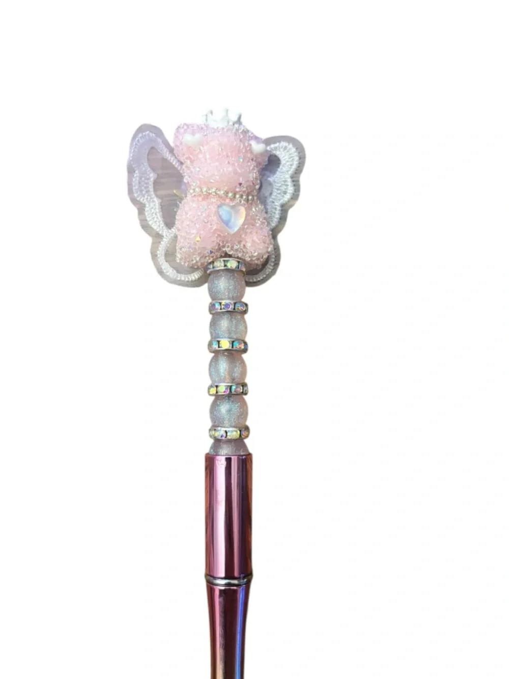 Whimsical Pink Teddy Bear Butterfly Pen Handmade By AB INKS HANDMADE EXPRESSIONS